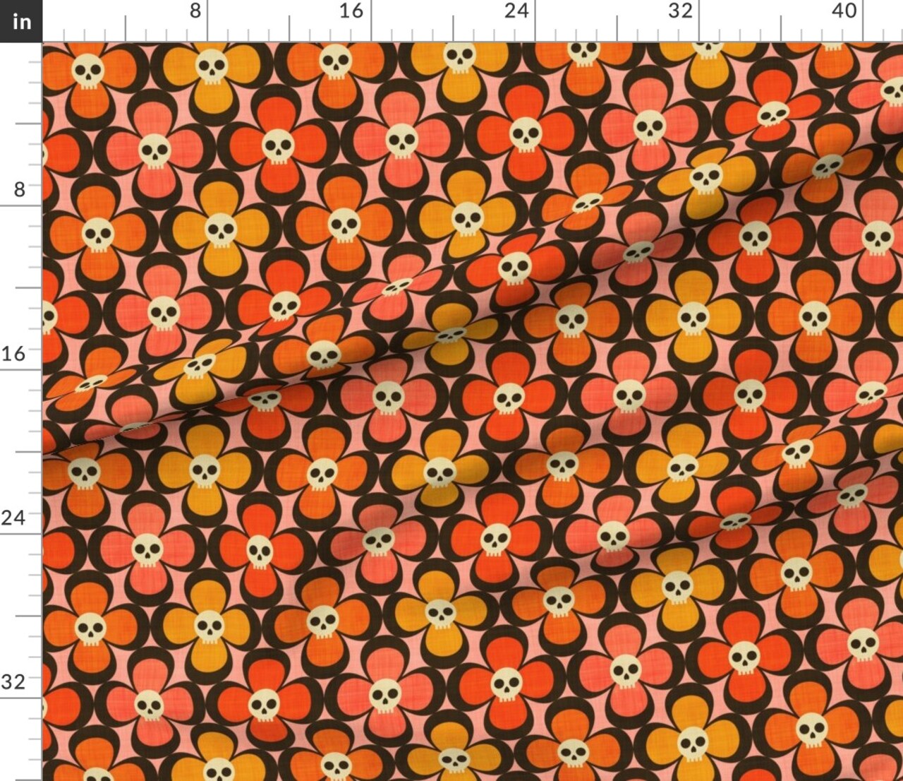 Floral Skulls Pink Orange Yellow Flowers Abstract Geometric Autumn Custom Printed Fabric by Spoonflower Various Fabrics by the Yard or Fat Quarter